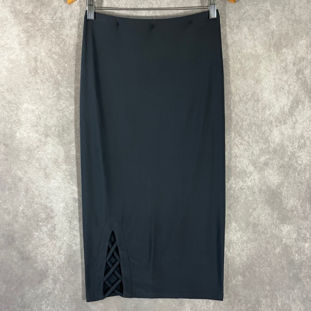 Sympli Pencil Skirt Womens 6 Charcoal Grey Lattice Hem Detail Midi